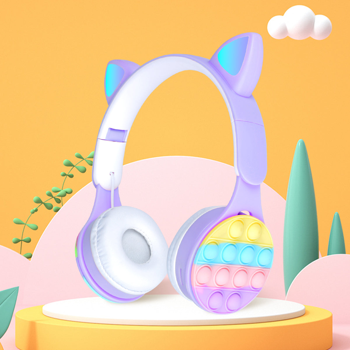 URIZONS Rainbow Pop-On-It Wireless Cat Ear Headphones with Led, Foldable TWS Glowing Cat Ears Stereo Headset Wireless Earphones Over-Ear Earbuds Gaming Headset