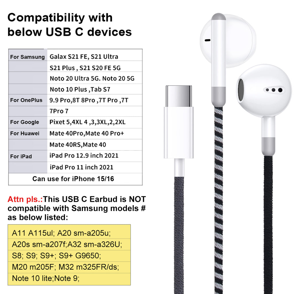 URIZONS Colorful Braided Cord In-Ear USB C Wired Headphones with Mic and Volume Adjustment for Iphone 15/16