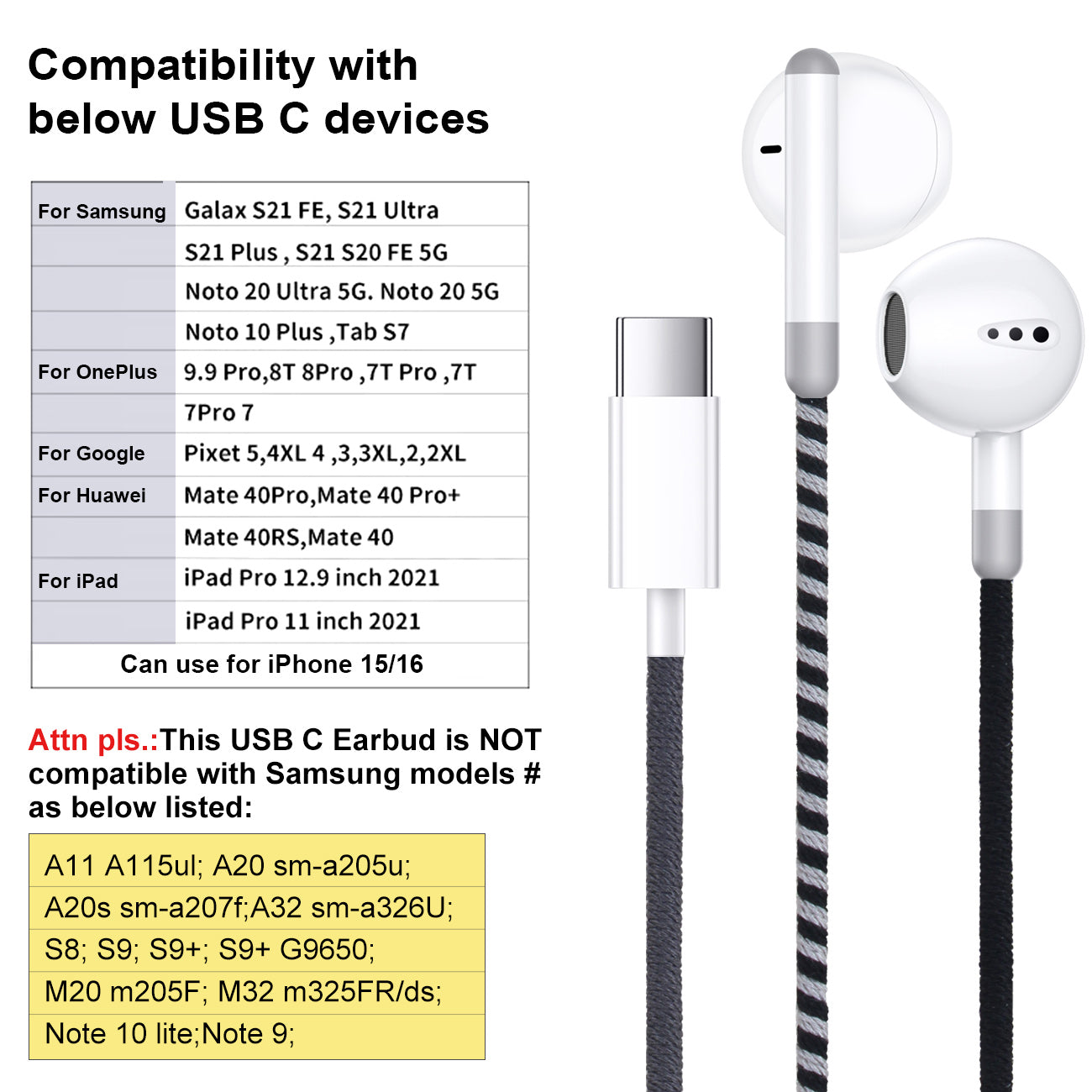 URIZONS Colorful Braided Cord In-Ear USB C Wired Headphones with Mic and Volume Adjustment for Iphone 15/16