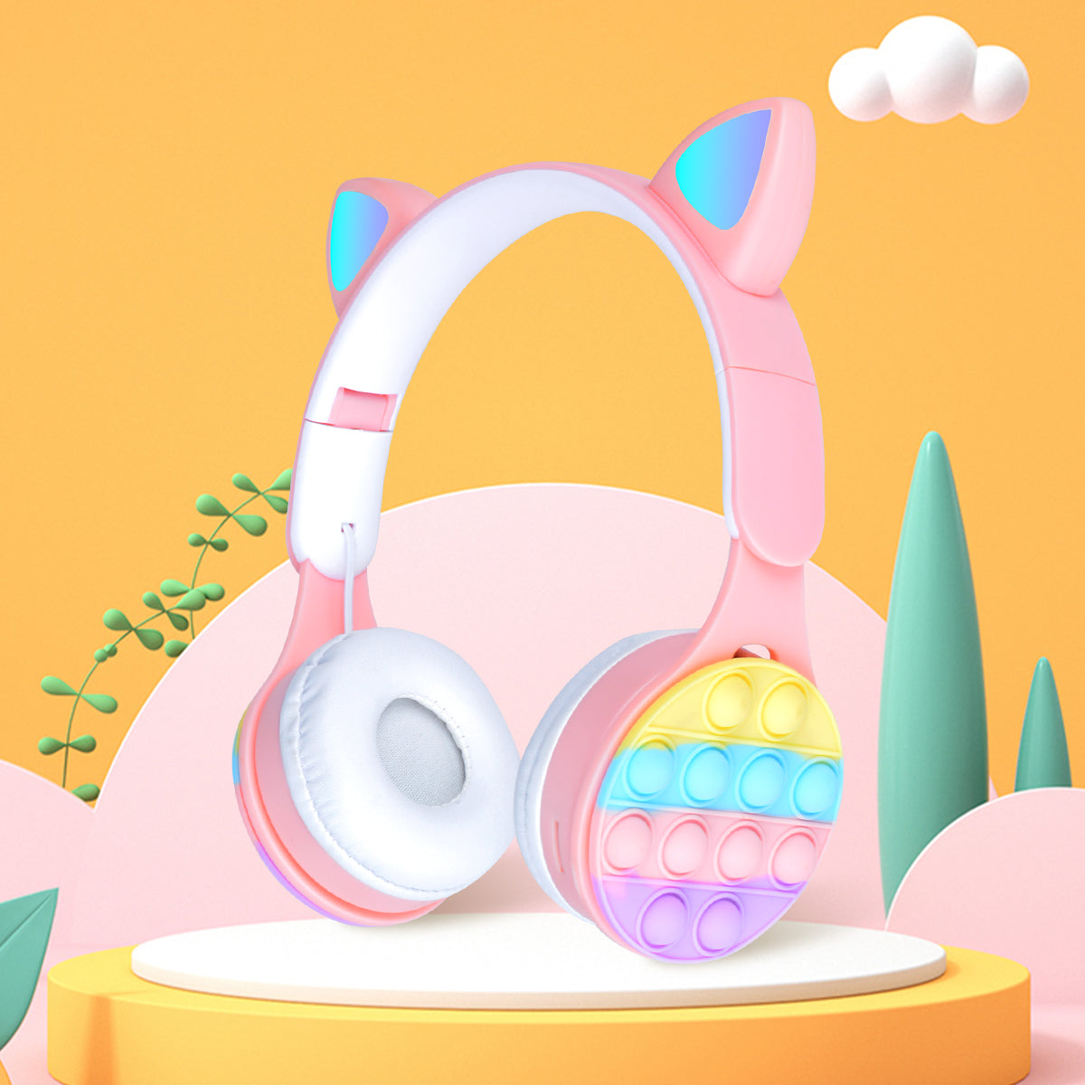 URIZONS Rainbow Pop-On-It Wireless Cat Ear Headphones with Led, Foldable TWS Glowing Cat Ears Stereo Headset Wireless Earphones Over-Ear Earbuds Gaming Headset
