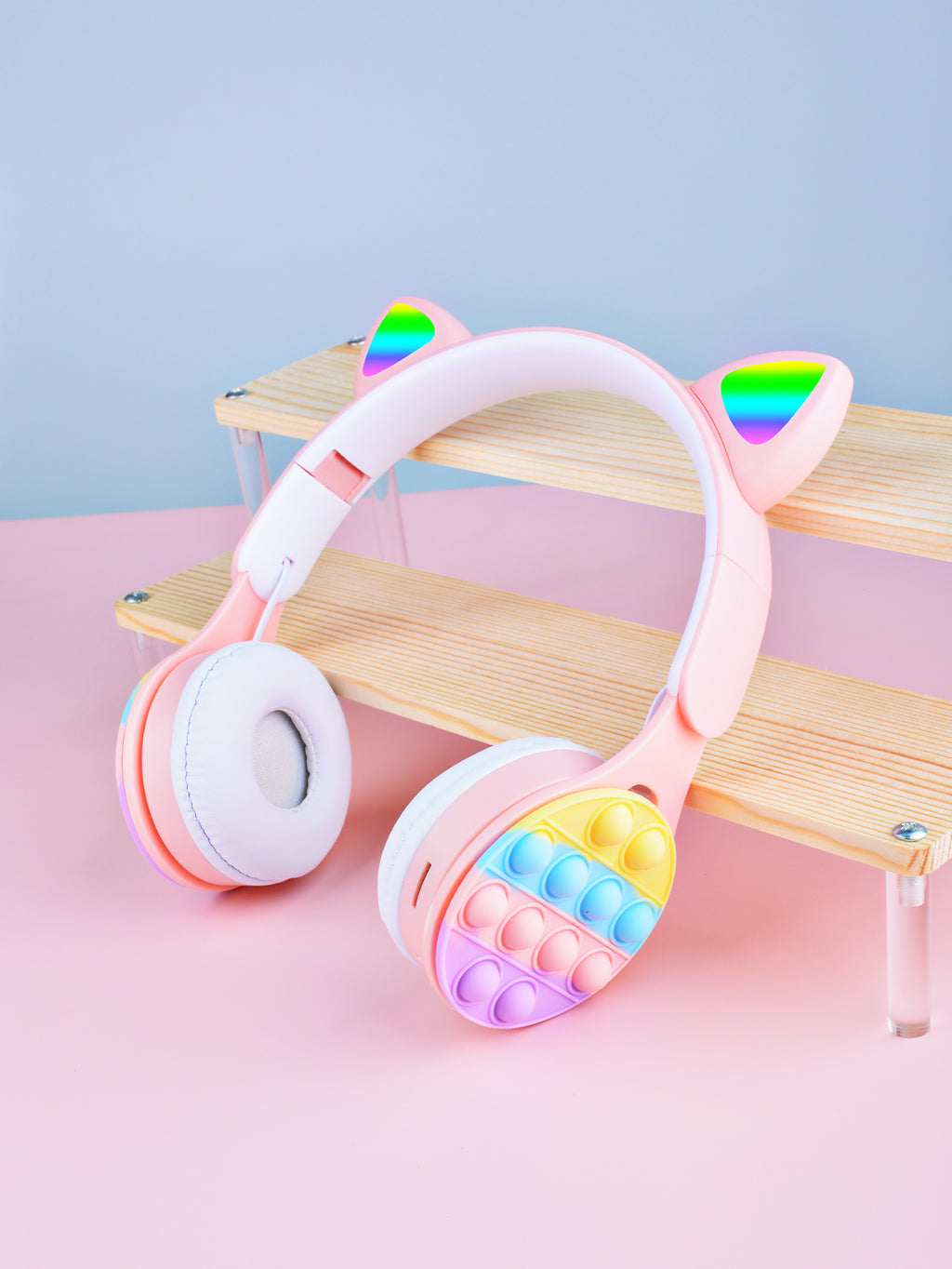 URIZONS Rainbow Pop-On-It Wireless Cat Ear Headphones with Led, Foldable TWS Glowing Cat Ears Stereo Headset Wireless Earphones Over-Ear Earbuds Gaming Headset