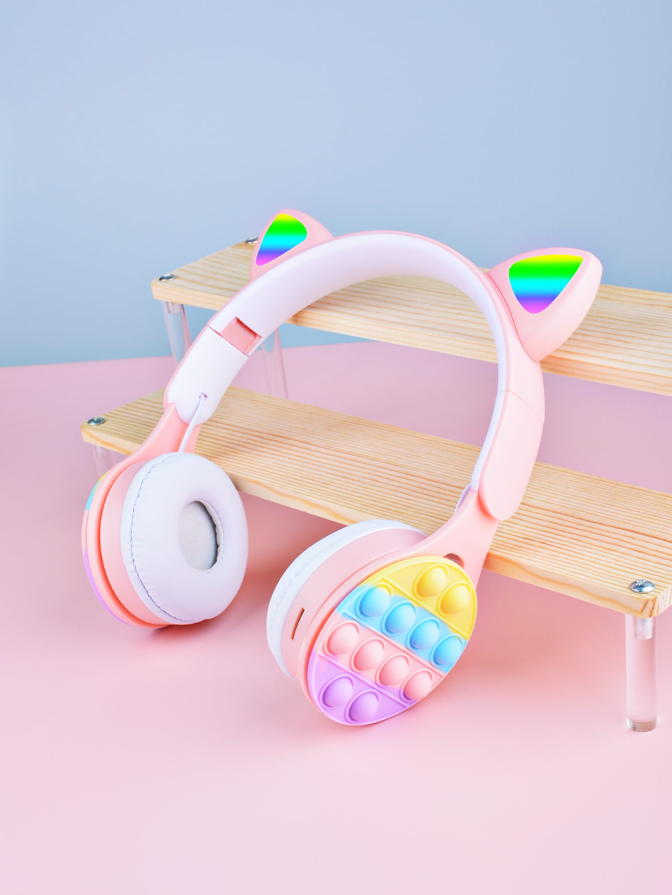 URIZONS Rainbow Pop-On-It Wireless Cat Ear Headphones with Led, Foldable TWS Glowing Cat Ears Stereo Headset Wireless Earphones Over-Ear Earbuds Gaming Headset