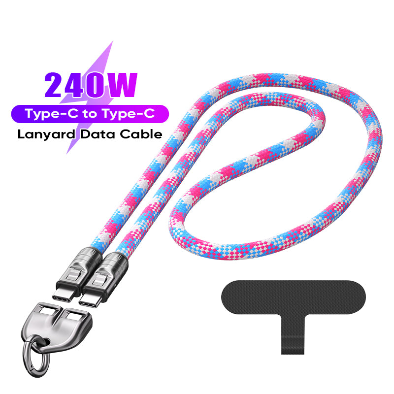 URIZONS 2 in 1 Function Cross-body Neck Strap + Braided Colorful TYPE C to C USBC PD 240 Watt 5A Charging Data Phone Charger Cable Type C to Type C Data Cable Support Fast Charging and Data Transmission 2 in 1 Cable 1.2M Length