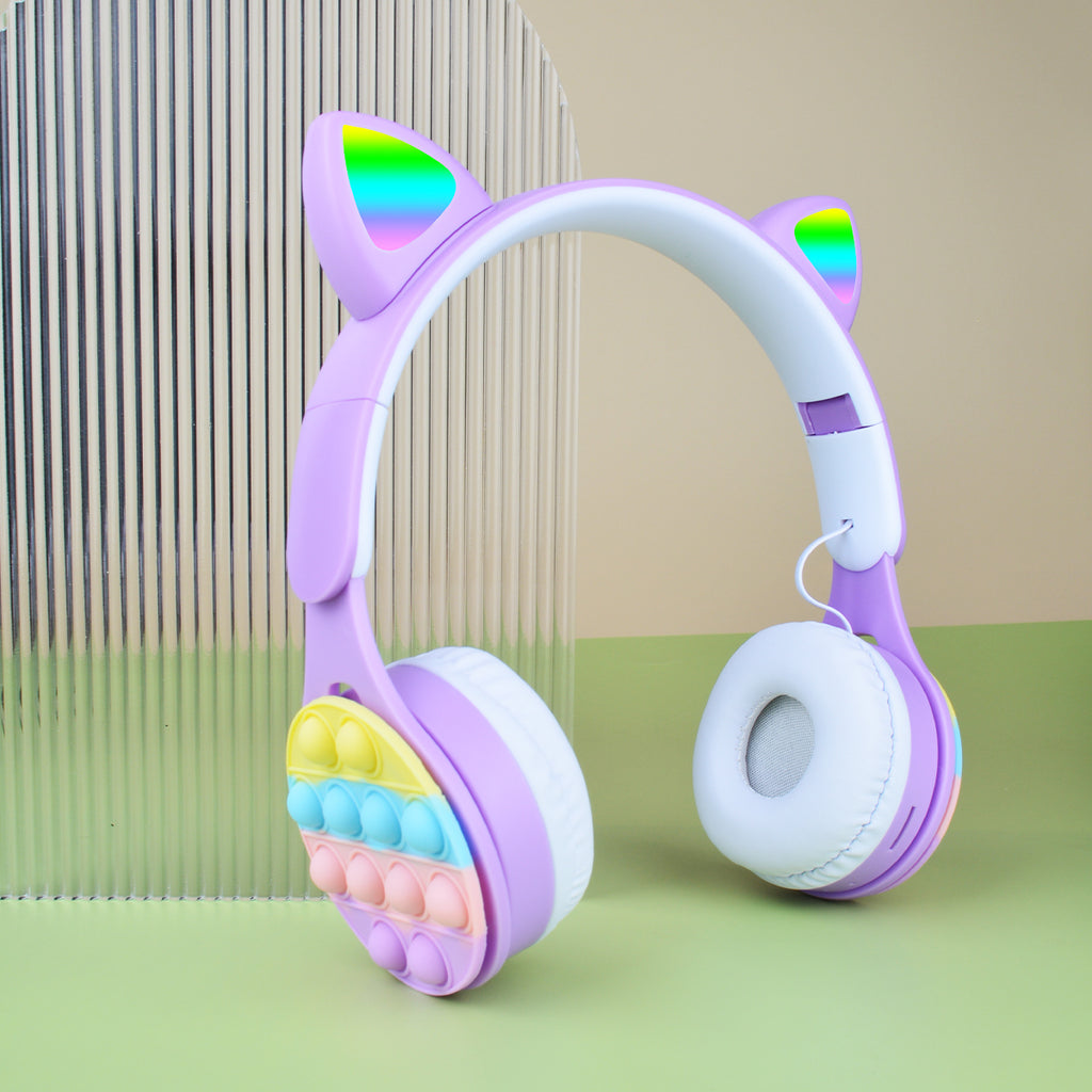 URIZONS Rainbow Pop-On-It Wireless Cat Ear Headphones with Led, Foldable TWS Glowing Cat Ears Stereo Headset Wireless Earphones Over-Ear Earbuds Gaming Headset