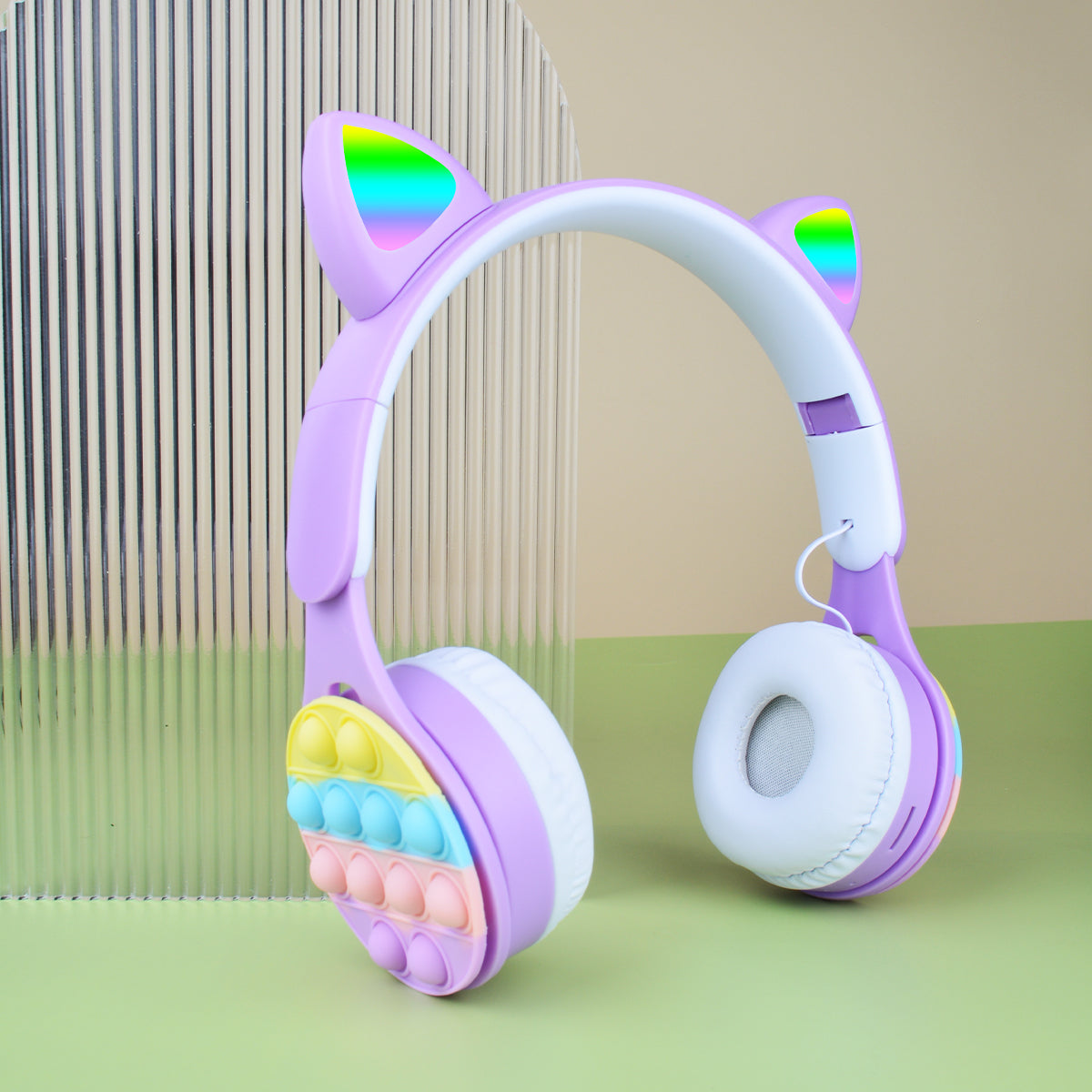 URIZONS Rainbow Pop-On-It Wireless Cat Ear Headphones with Led, Foldable TWS Glowing Cat Ears Stereo Headset Wireless Earphones Over-Ear Earbuds Gaming Headset