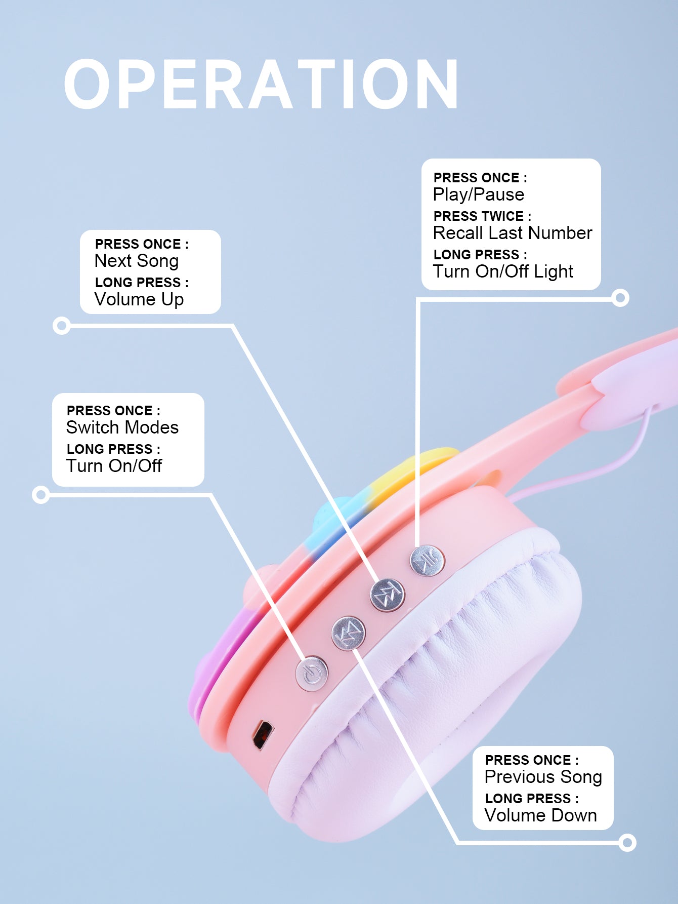 URIZONS Rainbow Pop-On-It Wireless Cat Ear Headphones with Led, Foldable TWS Glowing Cat Ears Stereo Headset Wireless Earphones Over-Ear Earbuds Gaming Headset