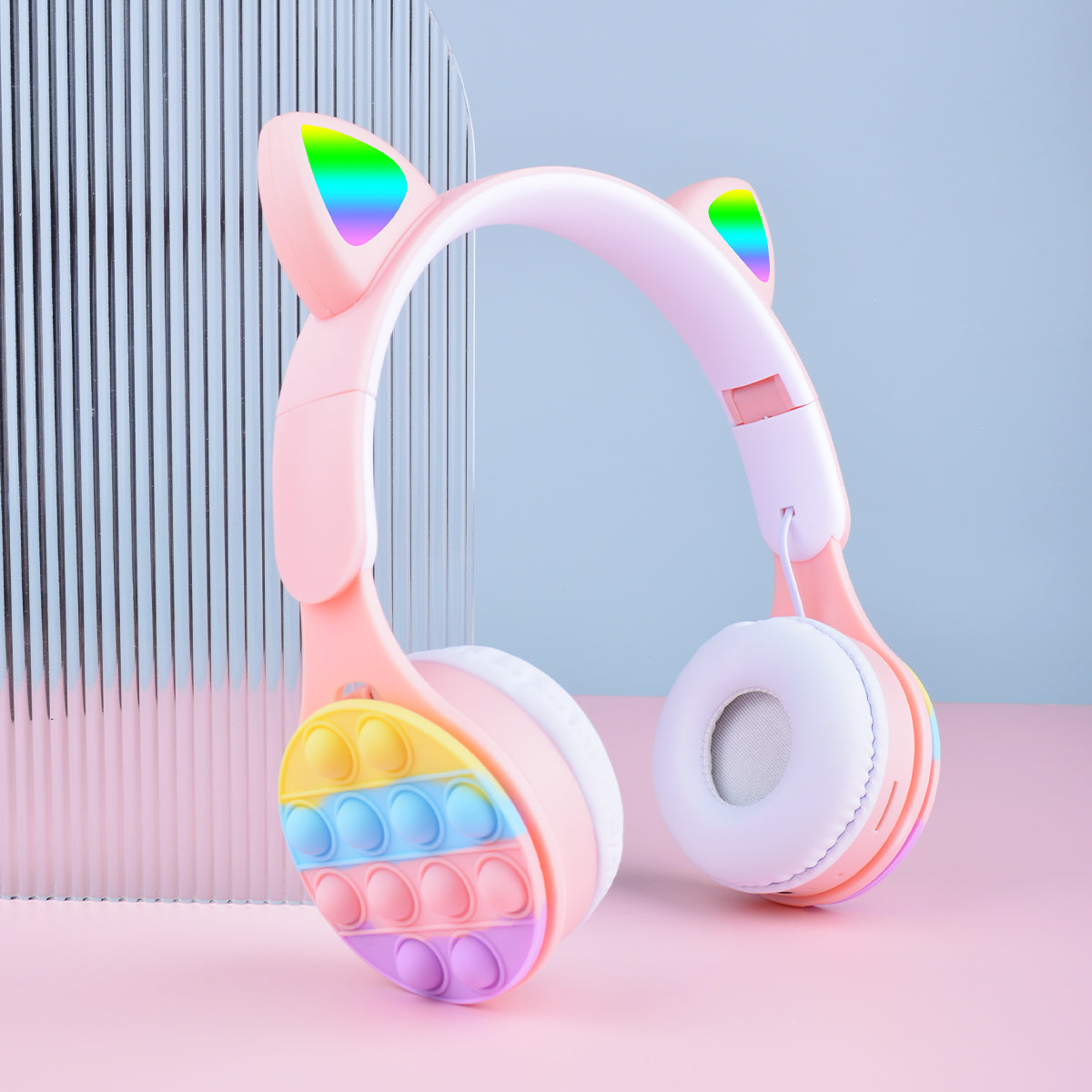 URIZONS Rainbow Pop-On-It Wireless Cat Ear Headphones with Led, Foldable TWS Glowing Cat Ears Stereo Headset Wireless Earphones Over-Ear Earbuds Gaming Headset