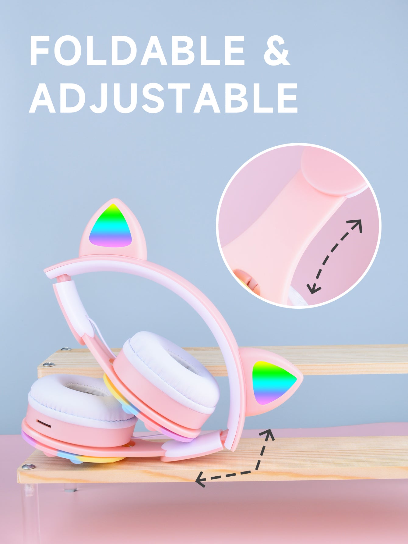 URIZONS Rainbow Pop-On-It Wireless Cat Ear Headphones with Led, Foldable TWS Glowing Cat Ears Stereo Headset Wireless Earphones Over-Ear Earbuds Gaming Headset
