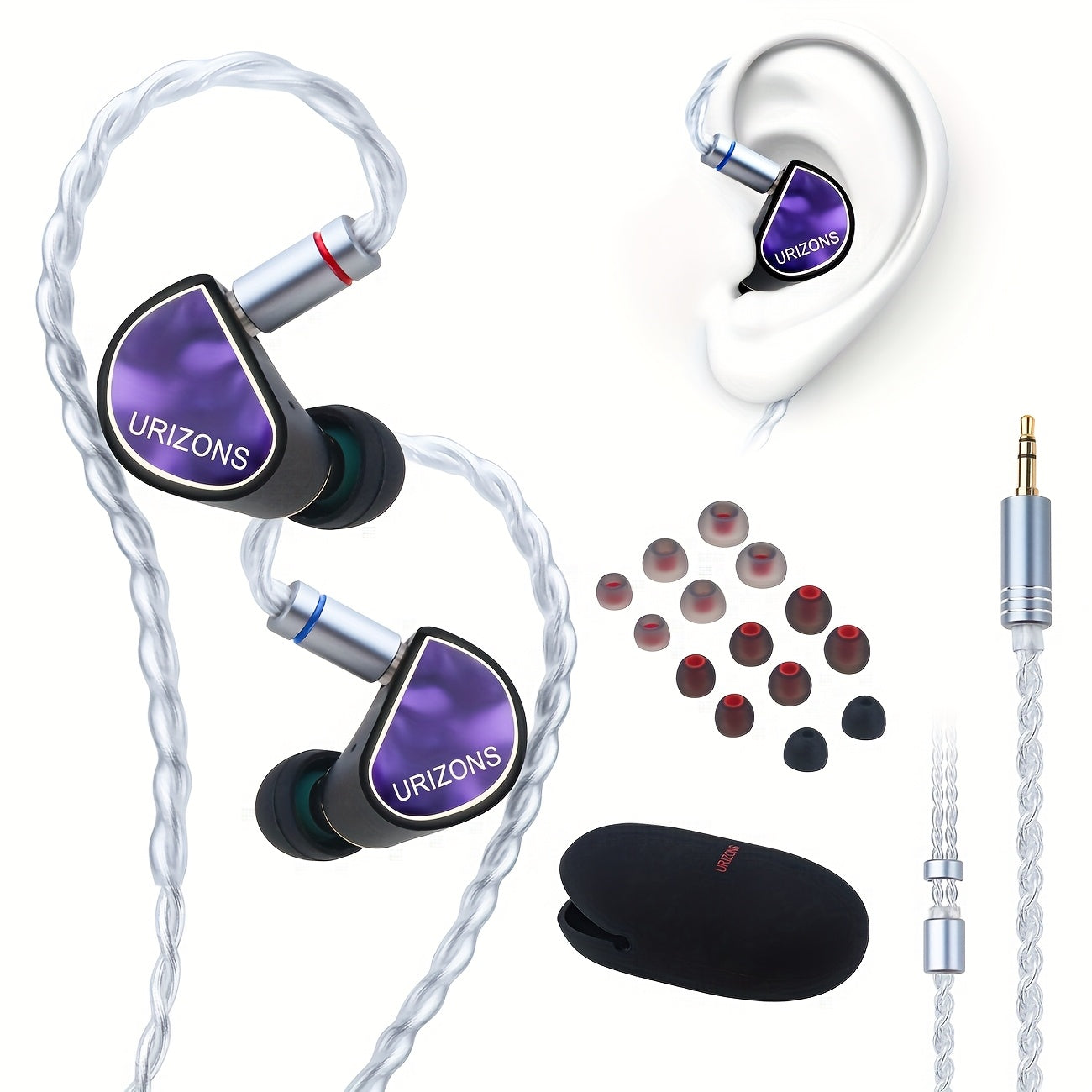 URIZONS 3.5mm Wired Oxygen-Free Copper Silver-plated Wire Headsets - HIFI Monitor In-Ear Headphone with High Resolution, No Distortion with 8.8MM Beryllium Diaphragm Driver 0.78mm 2pins Detachable Cable Zinc Alloy Earbud Case for Mobile Phone/Music