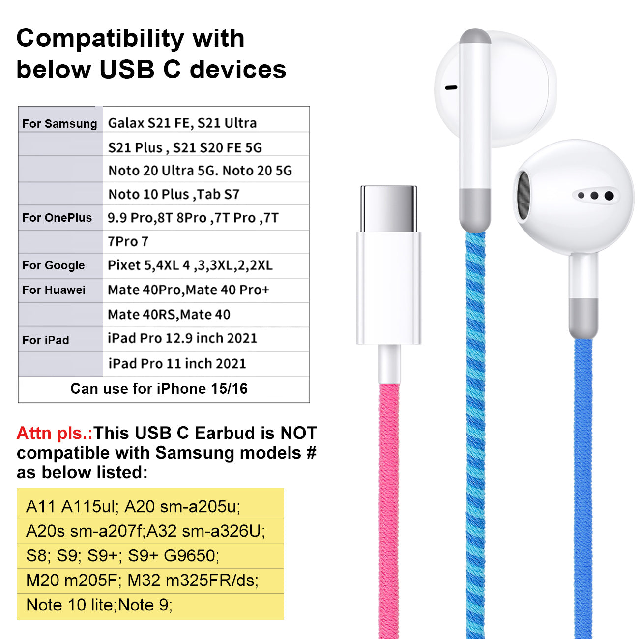 URIZONS Colorful Braided Cord In-Ear USB C Wired Headphones with Mic and Volume Adjustment for Iphone 15/16