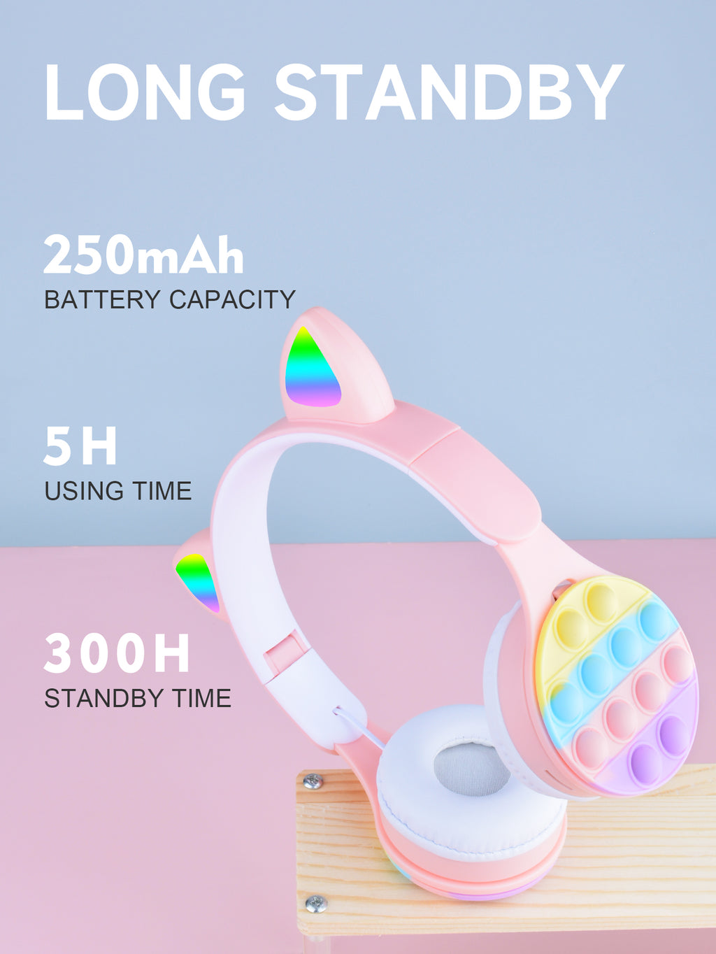 URIZONS Rainbow Pop-On-It Wireless Cat Ear Headphones with Led, Foldable TWS Glowing Cat Ears Stereo Headset Wireless Earphones Over-Ear Earbuds Gaming Headset