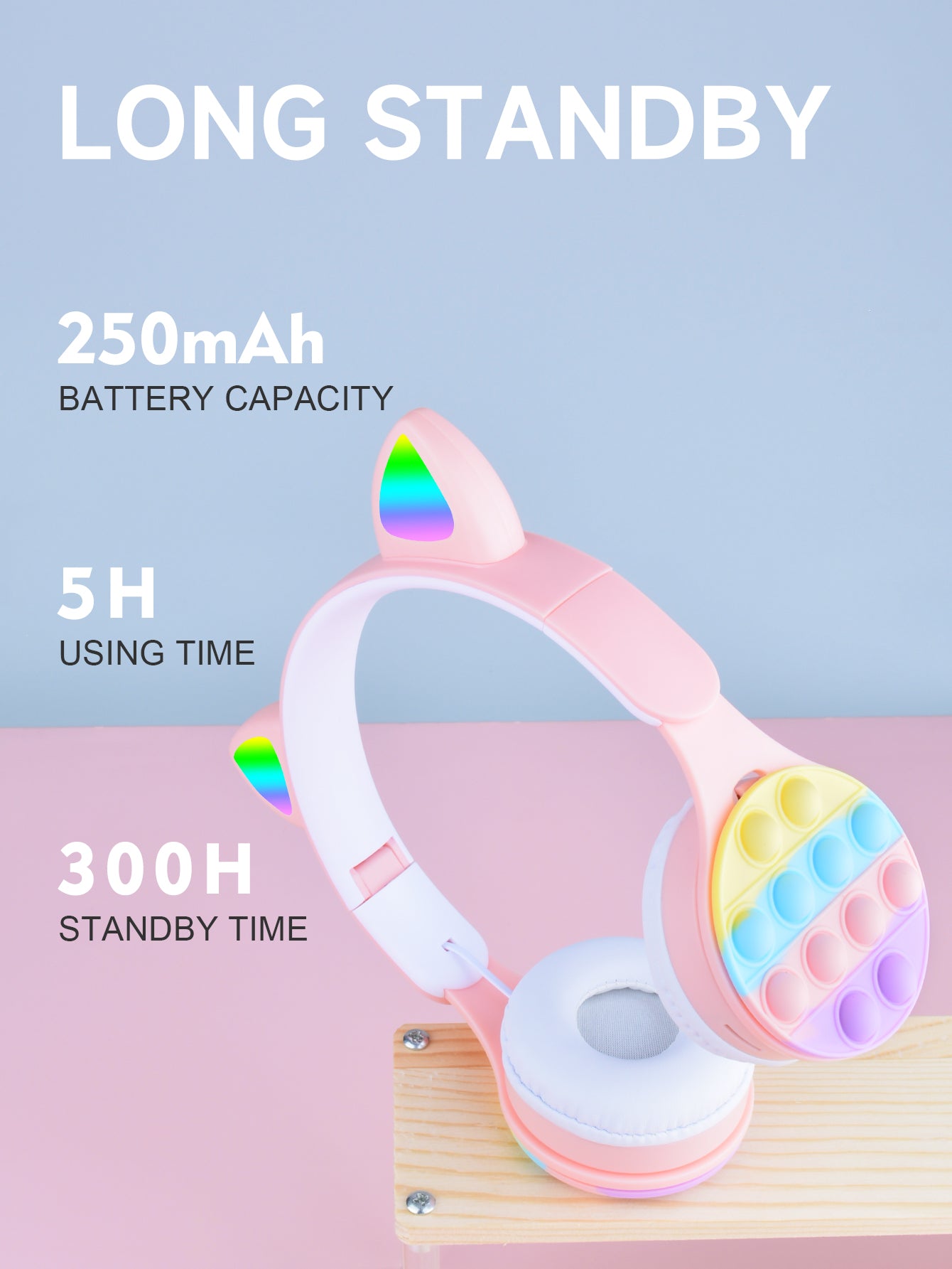 URIZONS Rainbow Pop-On-It Wireless Cat Ear Headphones with Led, Foldable TWS Glowing Cat Ears Stereo Headset Wireless Earphones Over-Ear Earbuds Gaming Headset