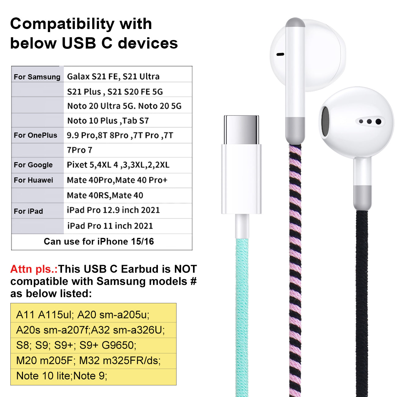 URIZONS Colorful Braided Cord In-Ear USB C Wired Headphones with Mic and Volume Adjustment for Iphone 15/16