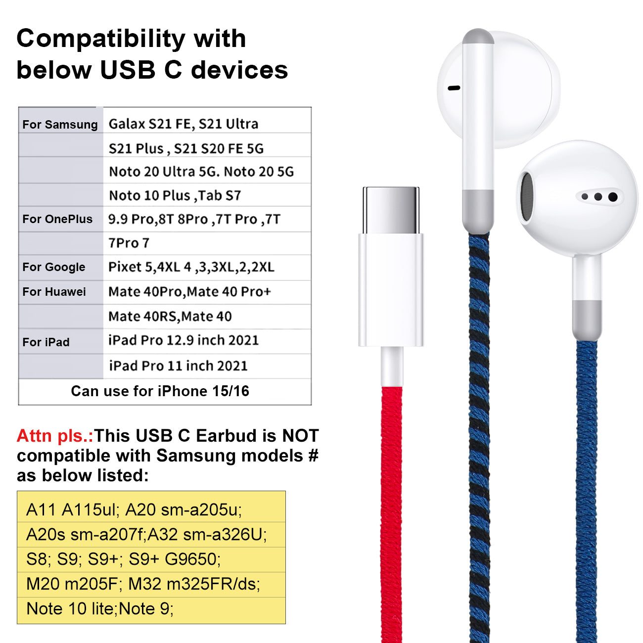 URIZONS Colorful Braided Cord In-Ear USB C Wired Headphones with Mic and Volume Adjustment for Iphone 15/16